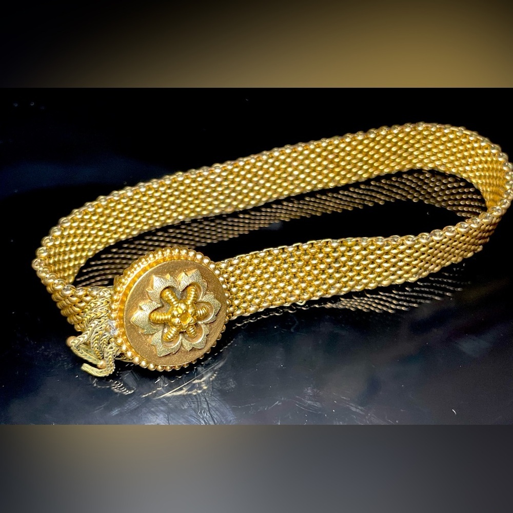 Antique Victorian 1871 Gold Mesh Tassel Slide Bracelet 9.5”